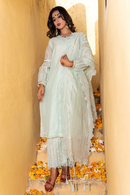 The Home Affair Blue Chanderi Gota Patti, Cut Work V-neck Kurta Set Online at Aza Fashions The Home Affair_Blue Chanderi Gota Patti, Cut Work V-neck Kurta Set _Online_at_Aza_Fashions