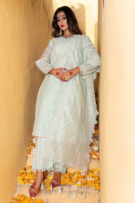 Buy The Home Affair Blue Chanderi Gota Patti, Cut Work V-neck Kurta Set Online at Aza Fashions Buy_The Home Affair_Blue Chanderi Gota Patti, Cut Work V-neck Kurta Set _Online_at_Aza_Fashions