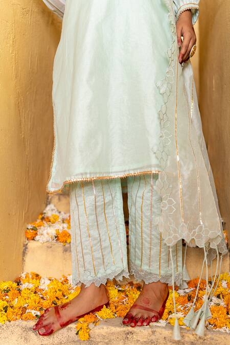 Shop The Home Affair Blue Chanderi Gota Patti, Cut Work V-neck Kurta Set Online at Aza Fashions Shop_The Home Affair_Blue Chanderi Gota Patti, Cut Work V-neck Kurta Set _Online_at_Aza_Fashions