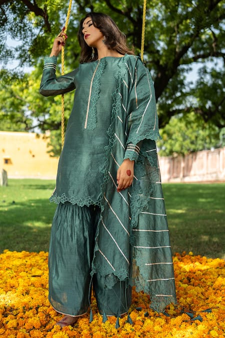 The Home Affair Green Chanderi Cut Work, Gota Patti Boat Neck Cutwork Kurta Gharara Set Online at Aza Fashions The Home Affair_Green Chanderi Cut Work, Gota Patti Boat Neck Cutwork Kurta Gharara Set _Online_at_Aza_Fashions