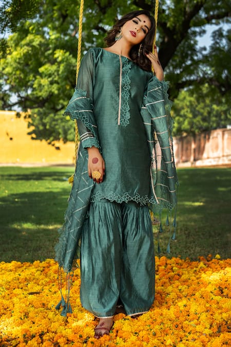 Buy The Home Affair Green Chanderi Cut Work, Gota Patti Boat Neck Cutwork Kurta Gharara Set Online at Aza Fashions Buy_The Home Affair_Green Chanderi Cut Work, Gota Patti Boat Neck Cutwork Kurta Gharara Set _Online_at_Aza_Fashions