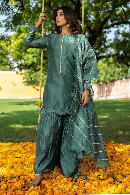 Shop The Home Affair Green Chanderi Cut Work, Gota Patti Boat Neck Cutwork Kurta Gharara Set Online at Aza Fashions Shop_The Home Affair_Green Chanderi Cut Work, Gota Patti Boat Neck Cutwork Kurta Gharara Set _Online_at_Aza_Fashions