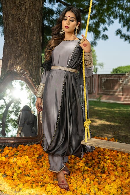Shop The Home Affair Grey Crepe Embroidery, Gota Patti, Sequins Round Neck Draped Kurta Set at Aza Fashions Shop_The Home Affair_Grey Crepe Embroidery, Gota Patti, Sequins Round Neck Draped Kurta Set _at_Aza_Fashions