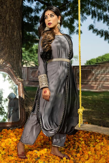 The Home Affair Grey Crepe Embroidery, Gota Patti, Sequins Round Neck Draped Kurta Set Online at Aza Fashions The Home Affair_Grey Crepe Embroidery, Gota Patti, Sequins Round Neck Draped Kurta Set _Online_at_Aza_Fashions