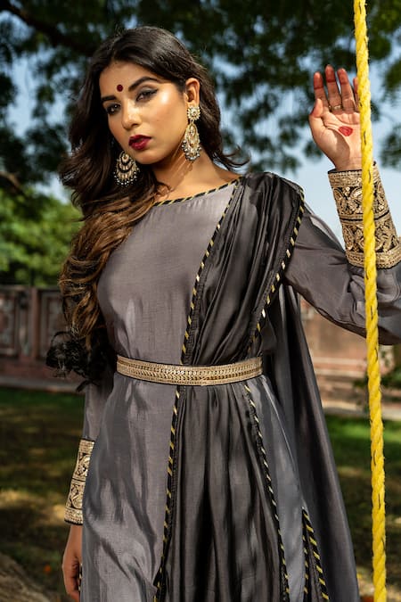 Buy The Home Affair Grey Crepe Embroidery, Gota Patti, Sequins Round Neck Draped Kurta Set Online at Aza Fashions Buy_The Home Affair_Grey Crepe Embroidery, Gota Patti, Sequins Round Neck Draped Kurta Set _Online_at_Aza_Fashions