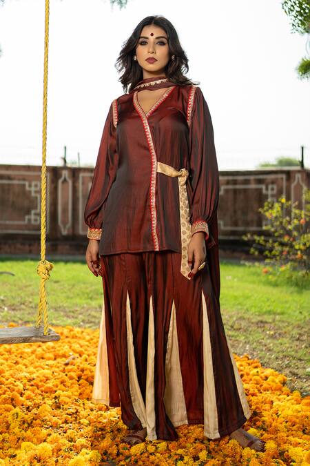 The Home Affair_Maroon Crepe Gota Patti V-neck Embroidered Wrap-over Kurta Pant Set _Online_at_Aza_Fashions
