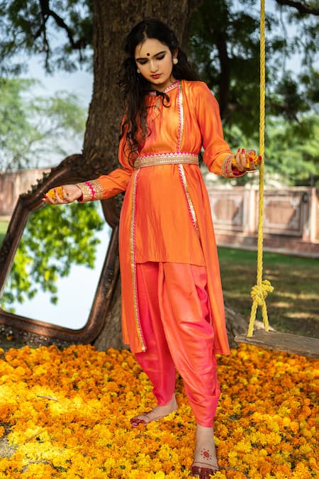 The Home Affair_Peach Crepe Embroidery, Gota Patti Round Neck Marodi Kurta And Jacket Set _Online_at_Aza_Fashions