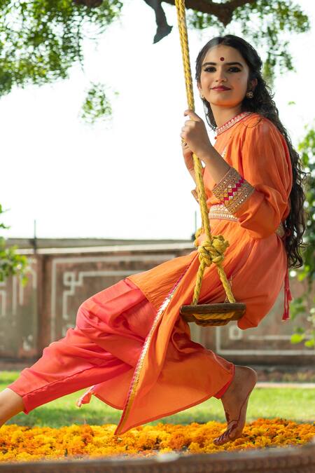 Buy_The Home Affair_Peach Crepe Embroidery, Gota Patti Round Neck Marodi Kurta And Jacket Set _Online_at_Aza_Fashions