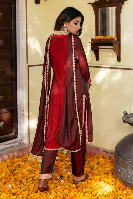 Shop The Home Affair Maroon Crepe, Chiffon Sequins, Gota Patti Embroidered Panelled Kurta Pant Set at Aza Fashions Shop_The Home Affair_Maroon Crepe, Chiffon Sequins, Gota Patti Embroidered Panelled Kurta Pant Set _at_Aza_Fashions