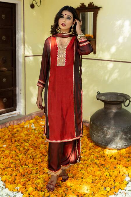 Buy The Home Affair Maroon Crepe, Chiffon Sequins, Gota Patti Embroidered Panelled Kurta Pant Set Online at Aza Fashions Buy_The Home Affair_Maroon Crepe, Chiffon Sequins, Gota Patti Embroidered Panelled Kurta Pant Set _Online_at_Aza_Fashions