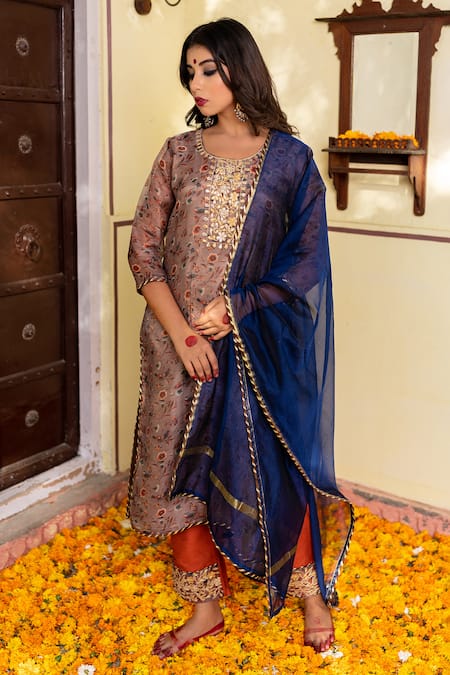 Shop_The Home Affair_Brown Organza, Chanderi Gota Patti Round Neck Floral Print Kurta Pant Set _at_Aza_Fashions