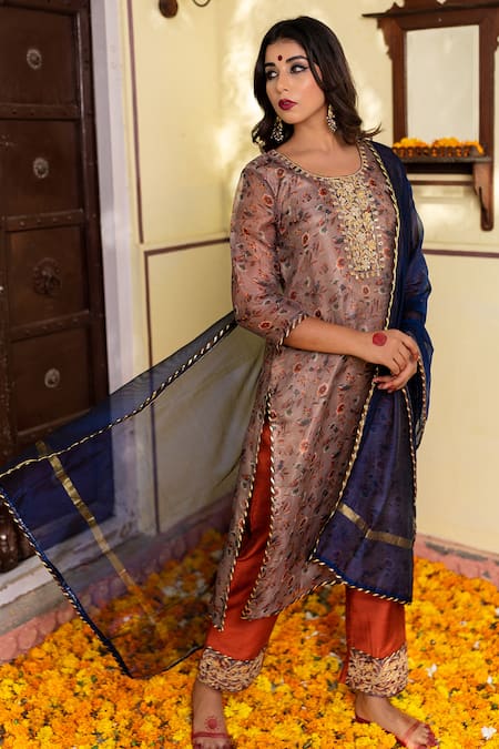 The Home Affair_Brown Organza, Chanderi Gota Patti Round Neck Floral Print Kurta Pant Set _Online_at_Aza_Fashions