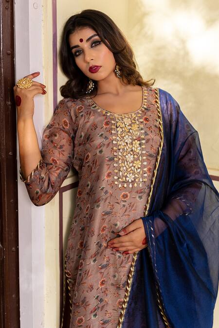Shop_The Home Affair_Brown Organza, Chanderi Gota Patti Round Neck Floral Print Kurta Pant Set _Online_at_Aza_Fashions