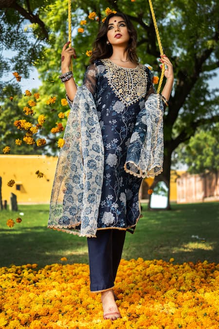 Shop The Home Affair Blue Organza, Chanderi Gota Patti Round Neck Floral Embroidered Kurta Set at Aza Fashions Shop_The Home Affair_Blue Organza, Chanderi Gota Patti Round Neck Floral Embroidered Kurta Set _at_Aza_Fashions