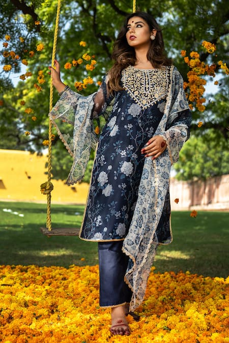 The Home Affair Blue Organza, Chanderi Gota Patti Round Neck Floral Embroidered Kurta Set Online at Aza Fashions The Home Affair_Blue Organza, Chanderi Gota Patti Round Neck Floral Embroidered Kurta Set _Online_at_Aza_Fashions