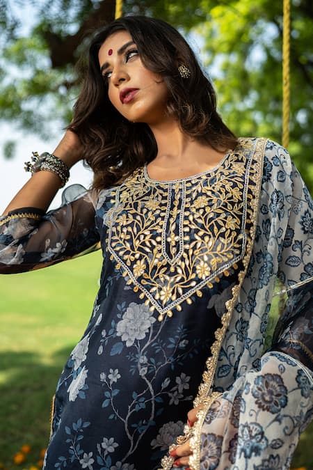 Shop The Home Affair Blue Organza, Chanderi Gota Patti Round Neck Floral Embroidered Kurta Set Online at Aza Fashions Shop_The Home Affair_Blue Organza, Chanderi Gota Patti Round Neck Floral Embroidered Kurta Set _Online_at_Aza_Fashions