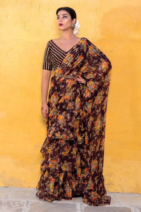 The Home Affair Brown Printed Floral V Neck Pre-draped Ruffle Saree With Blouse 