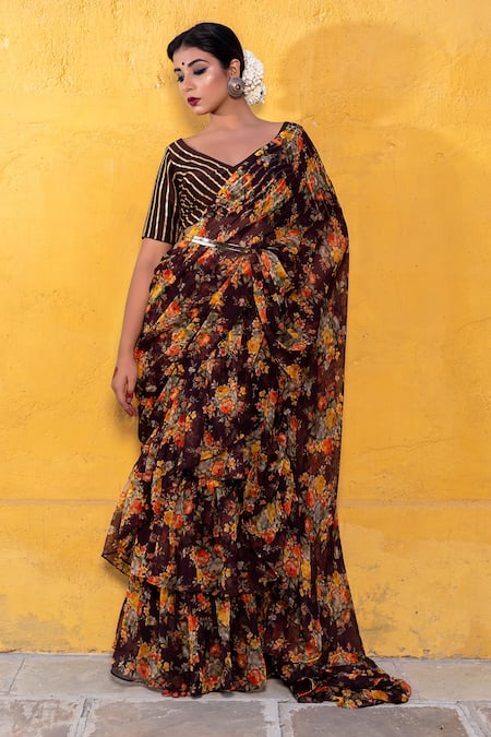 The Home Affair_Brown Chiffon Embroidery V-neck Floral Print Pre-draped Ruffle Saree With Blouse _Online_at_Aza_Fashions