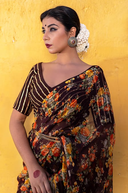 Shop_The Home Affair_Brown Chiffon Embroidery V-neck Floral Print Pre-draped Ruffle Saree With Blouse _Online_at_Aza_Fashions