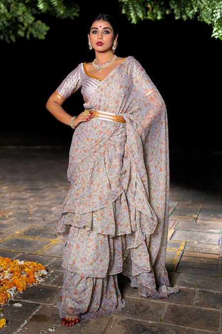 Shop_The Home Affair_Grey Chiffon Gota Patti, Floral Print Ruffle Pre-stitched Saree With Blouse _at_Aza_Fashions