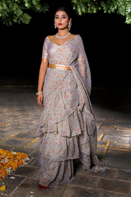 The Home Affair_Grey Chiffon Gota Patti, Floral Print Ruffle Pre-stitched Saree With Blouse _Online_at_Aza_Fashions