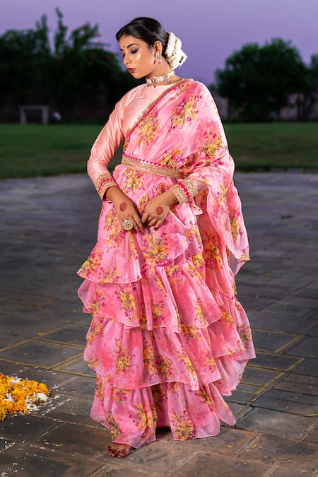 The Home Affair Pink Chiffon Embroidery Round Neck Floral Printed Pre-draped Ruffle Saree Online at Aza Fashions The Home Affair_Pink Chiffon Embroidery Round Neck Floral Printed Pre-draped Ruffle Saree _Online_at_Aza_Fashions