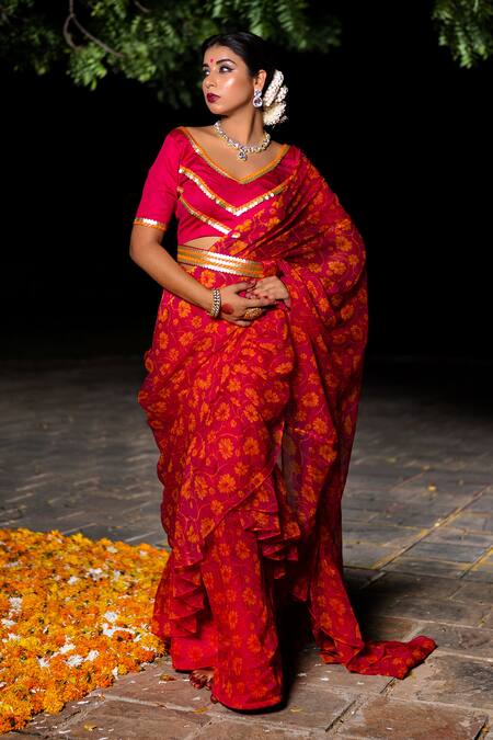 The Home Affair_Pink Chiffon Embroidery, Sequins V-neck Ruffle Pre-draped Saree With Blouse _Online_at_Aza_Fashions