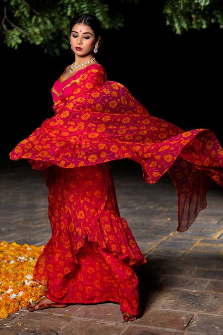 Buy_The Home Affair_Pink Chiffon Embroidery, Sequins V-neck Ruffle Pre-draped Saree With Blouse _Online_at_Aza_Fashions