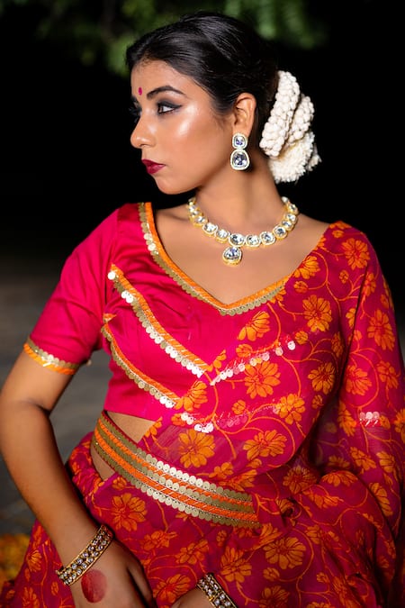 Shop_The Home Affair_Pink Chiffon Embroidery, Sequins V-neck Ruffle Pre-draped Saree With Blouse _Online_at_Aza_Fashions