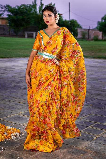 The Home Affair Pre-Stitched Floral Print Saree With Blouse 