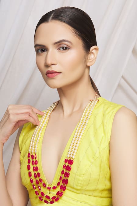 Samyukta Singhania Red Pearls And Beads Long Necklace 