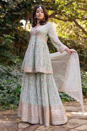 Buy_Gopi Vaid_Green Georgette, Net Embroidery, Gota Floral Print Peplum Kurta And Sharara Set _Online_at_Aza_Fashions