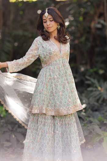 Shop_Gopi Vaid_Green Georgette, Net Embroidery, Gota Floral Print Peplum Kurta And Sharara Set _Online_at_Aza_Fashions