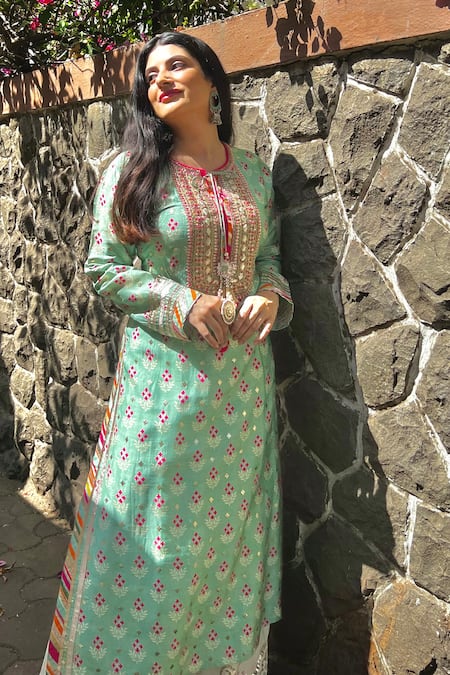 Shop_Gopi Vaid_Green Tussar, Cotton Cut Work, Lace, Floral Butti Print Tunic With Palazzo _Online_at_Aza_Fashions