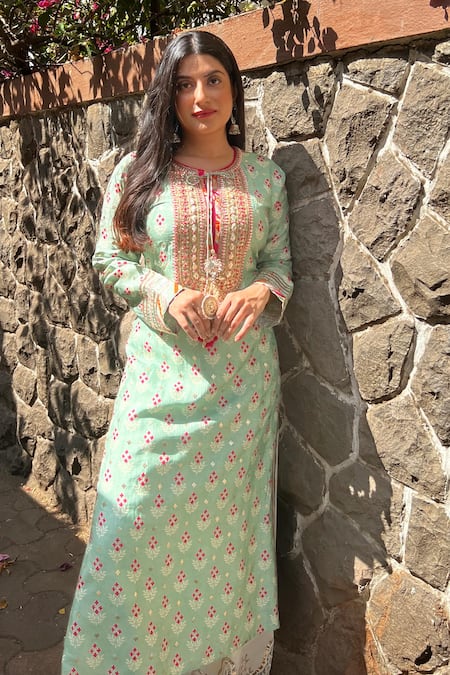 Gopi Vaid_Green Tussar, Cotton Cut Work, Lace, Floral Butti Print Tunic With Palazzo _at_Aza_Fashions