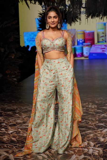 Gopi Vaid_Green Tussar, Organza Mirrors, Sequins Floral Print Bustier Set With Cape _Online_at_Aza_Fashions
