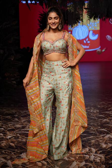 Gopi Vaid_Green Tussar, Organza Mirrors, Sequins Floral Print Bustier Set With Cape _at_Aza_Fashions