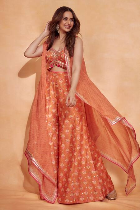 Shop Gopi Vaid Orange Tussar, Organza Embroidery, Sequins, Diamond Print Cape And Pant Set Shop_Gopi Vaid_Orange Tussar, Organza Embroidery, Sequins, Diamond Print Cape And Pant Set