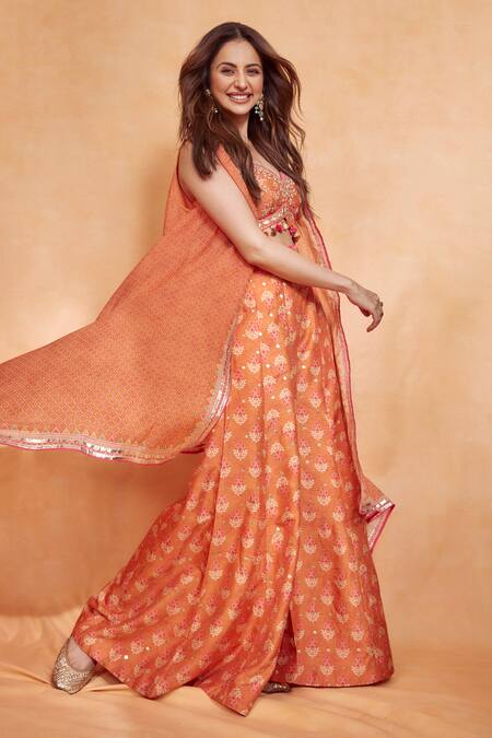 Buy Gopi Vaid Orange Tussar, Organza Embroidery, Sequins, Diamond Print Cape And Pant Set Buy_Gopi Vaid_Orange Tussar, Organza Embroidery, Sequins, Diamond Print Cape And Pant Set