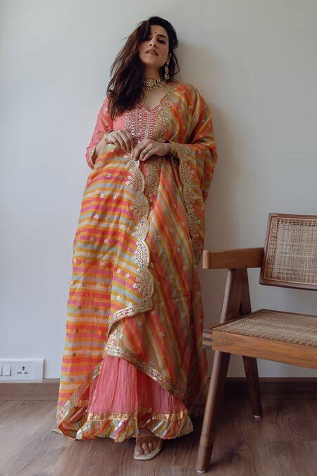 Shop Gopi Vaid Pink Tussar, Georgette, Organza Embroidery, Floral Butti Print Kurta Sharara Set at Aza Fashions Shop_Gopi Vaid_Pink Tussar, Georgette, Organza Embroidery, Floral Butti Print Kurta Sharara Set_at_Aza_Fashions