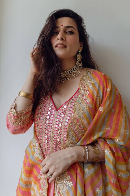 Shop Gopi Vaid Pink Tussar, Georgette, Organza Embroidery, Floral Butti Print Kurta Sharara Set Online at Aza Fashions Shop_Gopi Vaid_Pink Tussar, Georgette, Organza Embroidery, Floral Butti Print Kurta Sharara Set_Online_at_Aza_Fashions