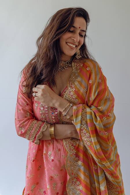 Gopi Vaid Pink Tussar, Georgette, Organza Embroidery, Floral Butti Print Kurta Sharara Set at Aza Fashions Gopi Vaid_Pink Tussar, Georgette, Organza Embroidery, Floral Butti Print Kurta Sharara Set_at_Aza_Fashions