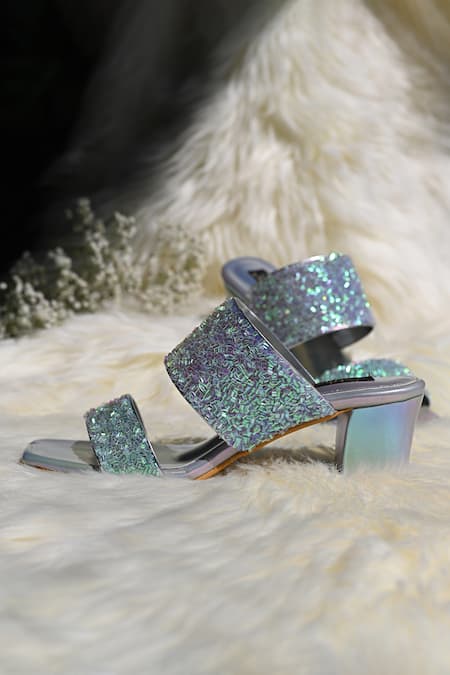 Miraki_Silver Iridescent Slip On Block Heels _Online_at_Aza_Fashions
