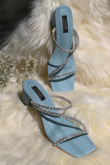 Buy Silver Strappy Slip On Block Heels by Miraki Online at Aza Fashions.