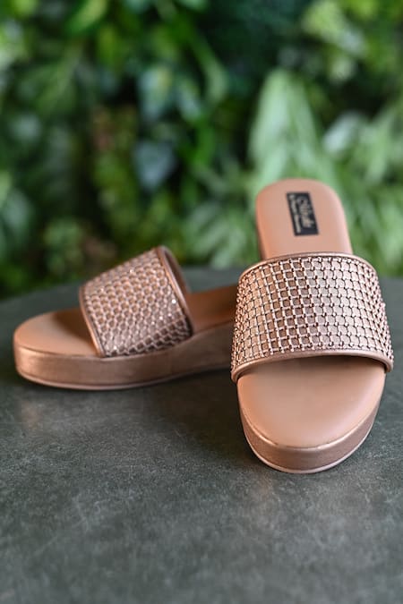 Miraki Gold Embellished Crystal Slip-on Platform Flats 