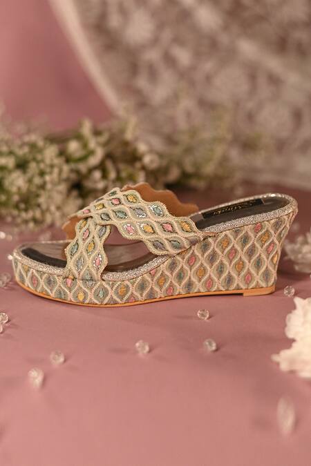 Shop_Miraki_Multi Color Thread Embroidered Wedges _Online_at_Aza_Fashions