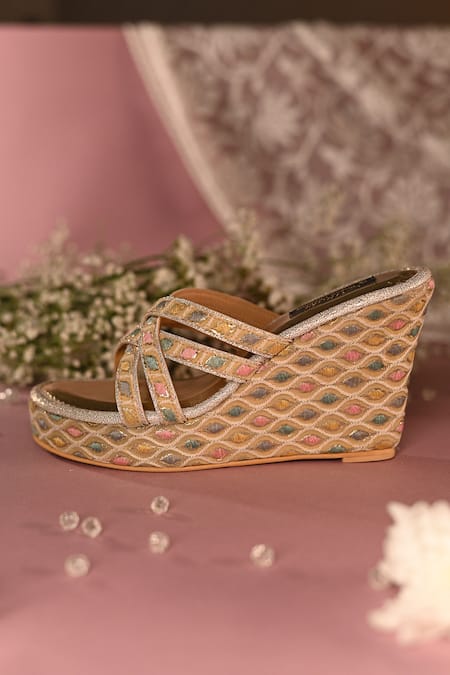 Shop Miraki Multi Color Thread Embroidered Criss Cross Wedges at Aza Fashions Shop_Miraki_Multi Color Thread Embroidered Criss Cross Wedges _at_Aza_Fashions