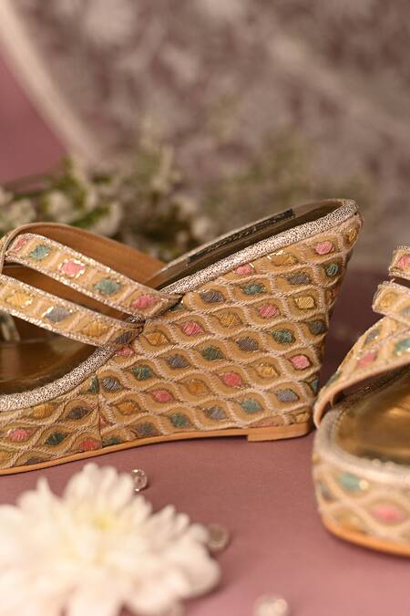 Buy Miraki Multi Color Thread Embroidered Criss Cross Wedges Online at Aza Fashions Buy_Miraki_Multi Color Thread Embroidered Criss Cross Wedges _Online_at_Aza_Fashions