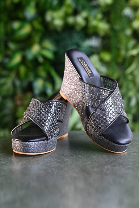 Buy Grey Rhinestone Embellished Criss Cross Wedges by Miraki