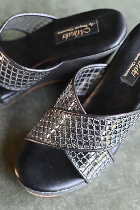 Buy Miraki Grey Rhinestone Embellished Criss Cross Wedges Online at Aza Fashions Buy_Miraki_Grey Rhinestone Embellished Criss Cross Wedges _Online_at_Aza_Fashions